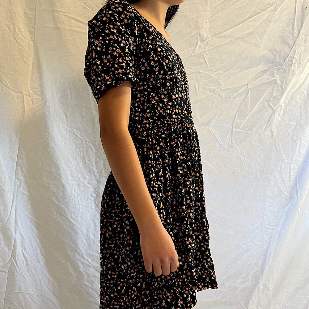 Black summer mini dress with flowers (pink, white, blue).
